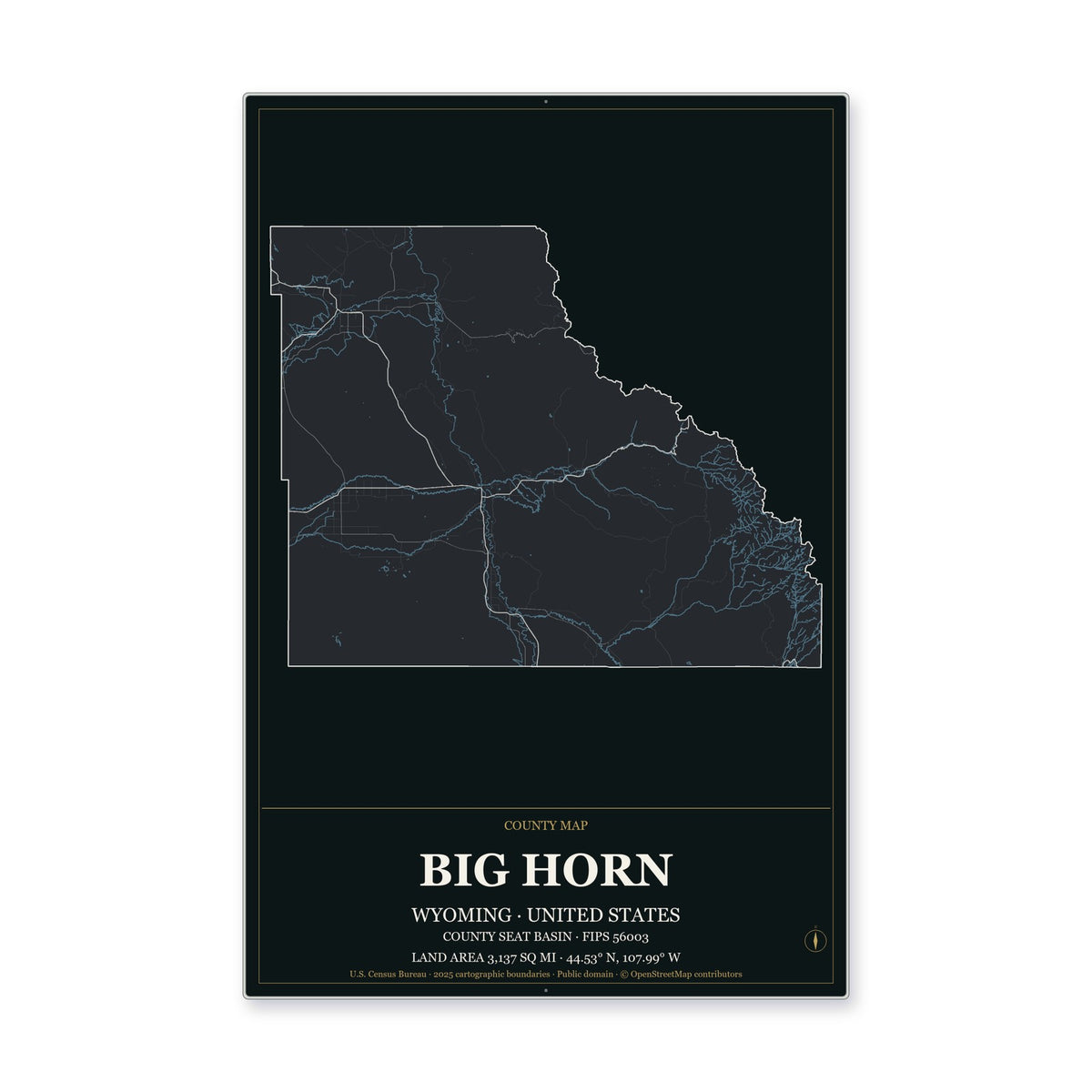 Big Horn County, Wyoming Map Aluminum Sign in Metropolitan Noir style