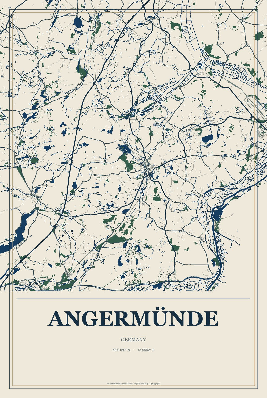 Angermünde, Germany City Map Aluminum Sign in Coastal Cutout style