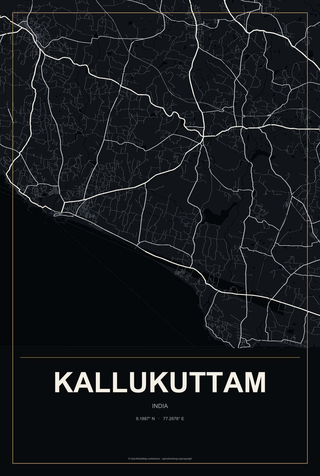 Kallukuttam, India City Map Aluminum Sign in Metropolitan Noir style
