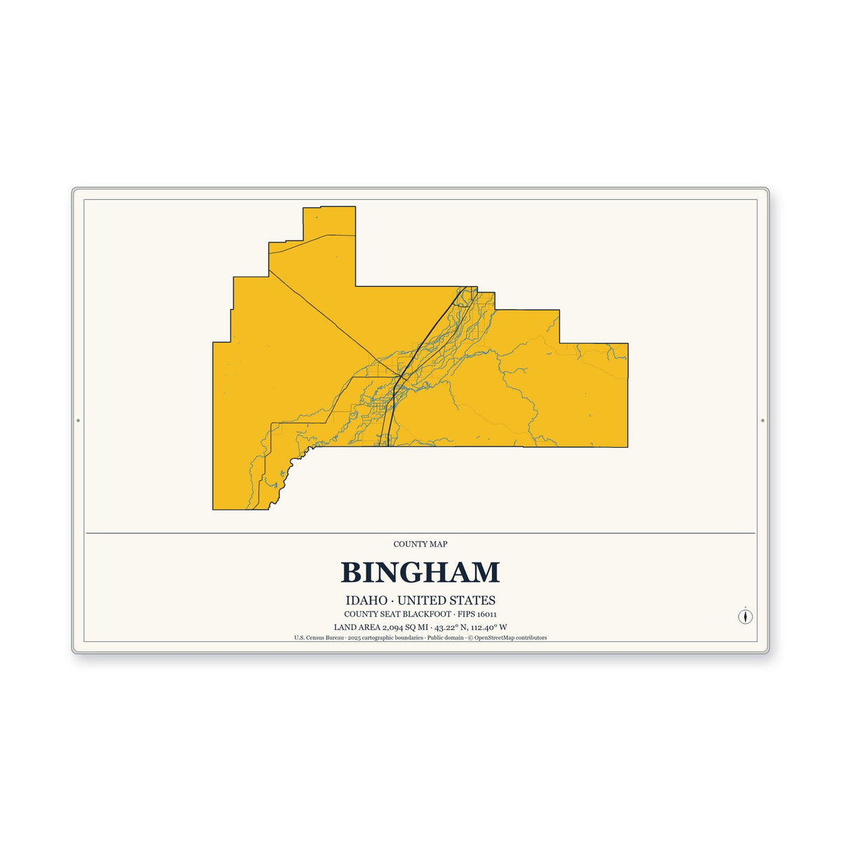 Bingham County, Idaho Map Aluminum Sign in Citrine Modern style