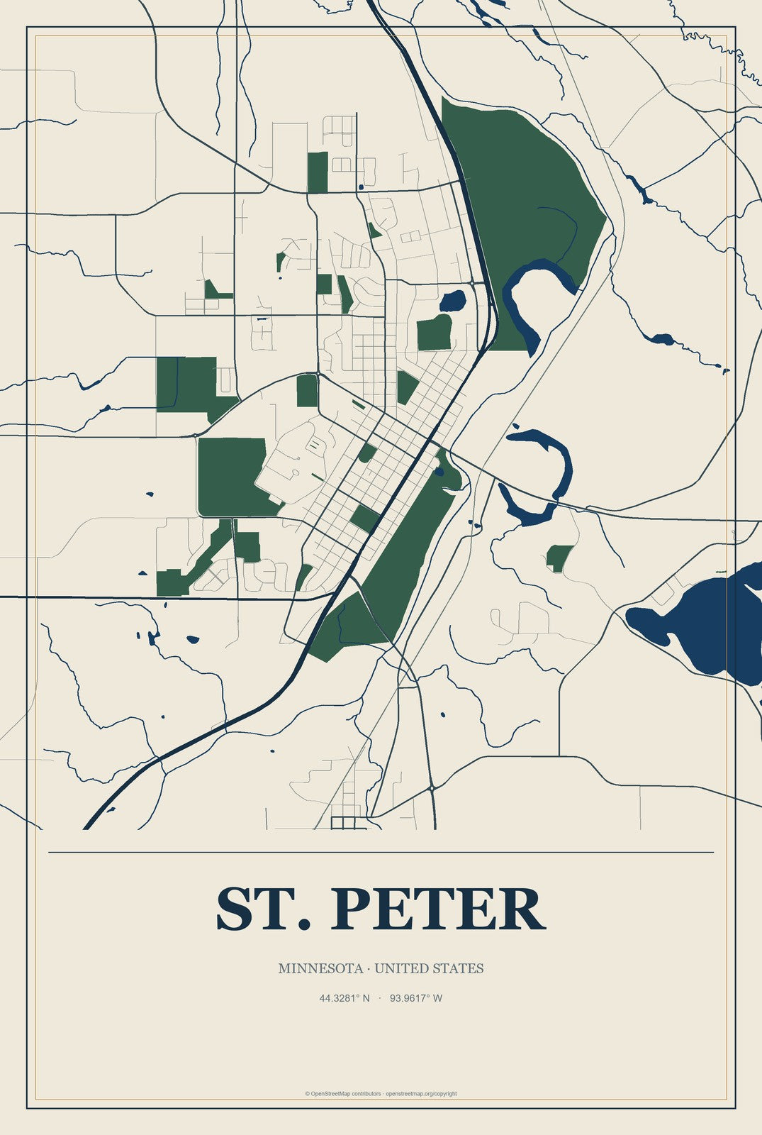 St. Peter, Minnesota City Map Aluminum Sign in Coastal Cutout style