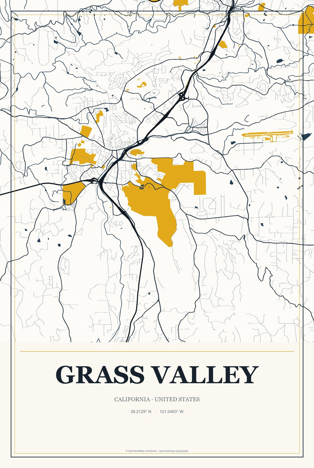 Grass Valley, California City Map Aluminum Sign in Citrine Modern style