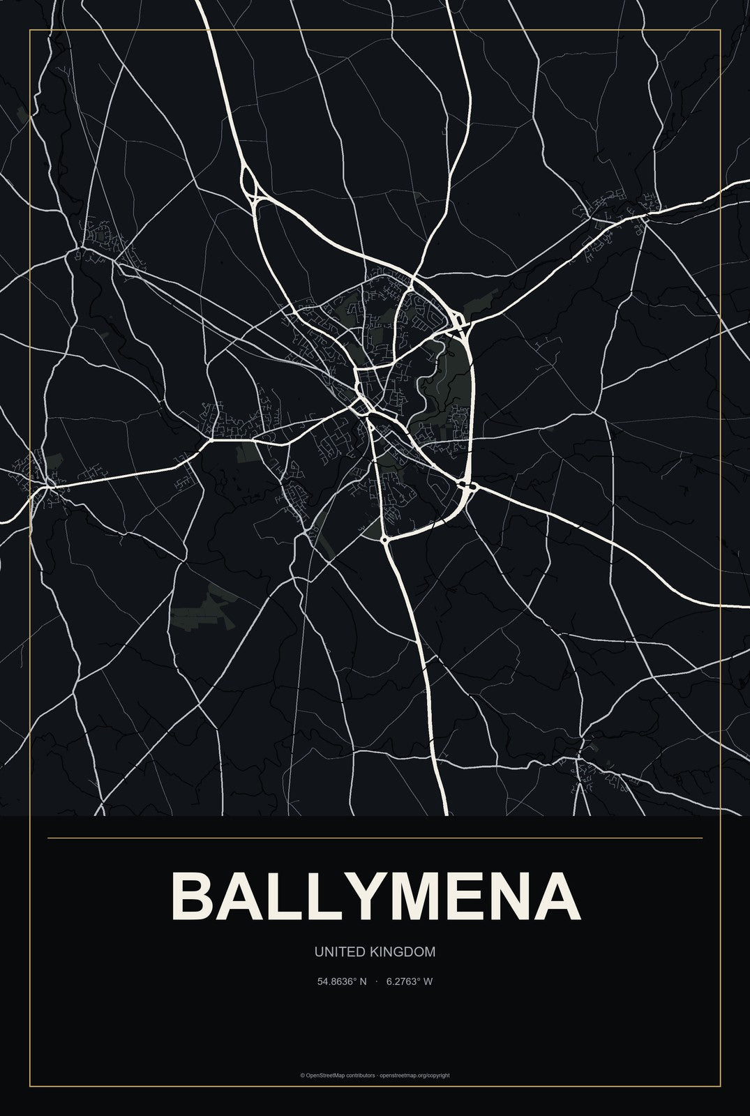 Ballymena, United Kingdom City Map Aluminum Sign in Metropolitan Noir style
