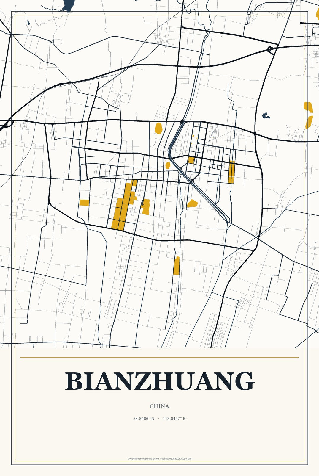 Bianzhuang, China City Map Aluminum Sign in Citrine Modern style