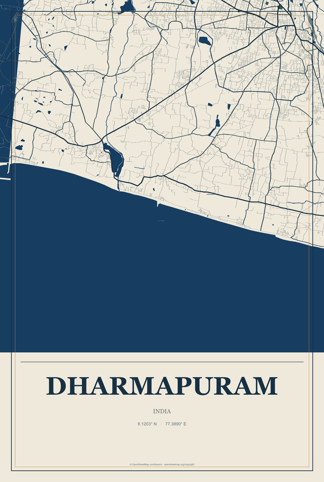 Dharmapuram, India City Map Aluminum Sign in Coastal Cutout style