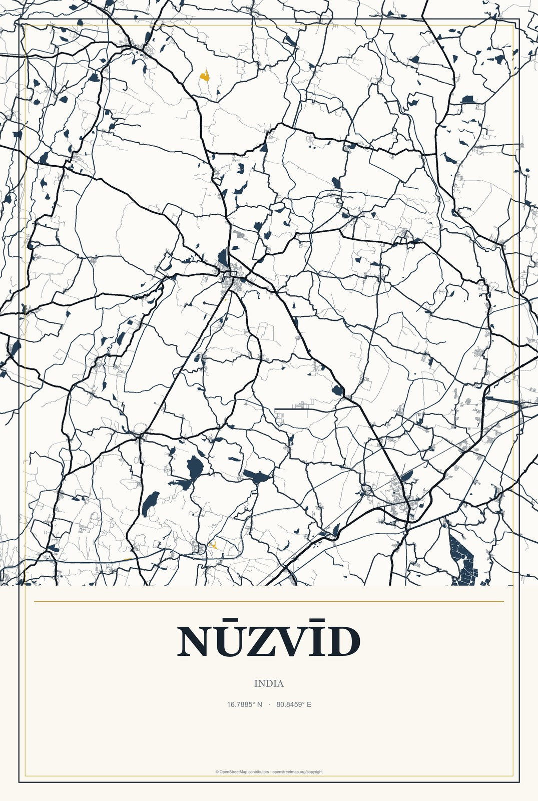 Nūzvīd, India City Map Aluminum Sign in Citrine Modern style
