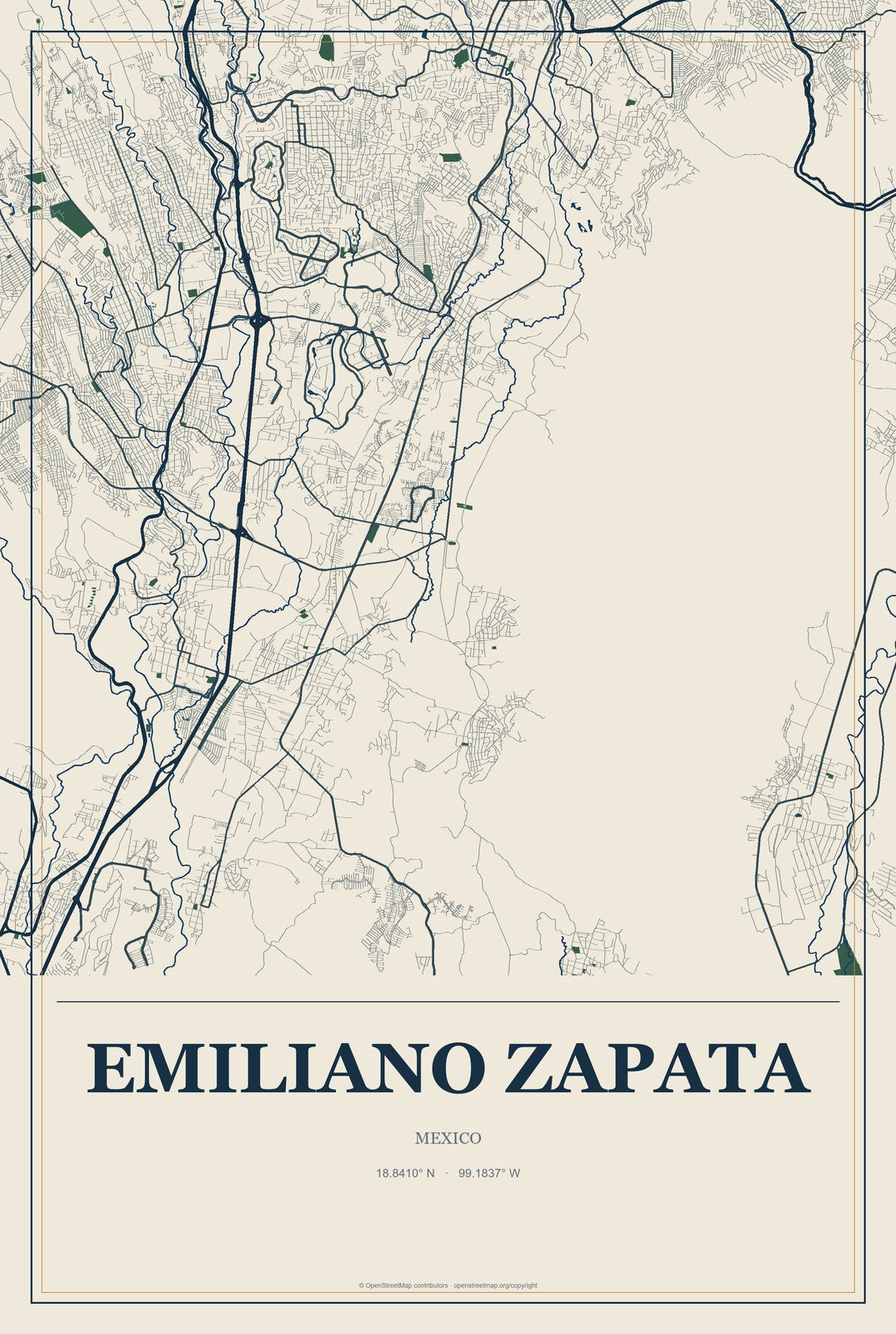 Emiliano Zapata, México, Mexico City Map Aluminum Sign in Coastal Cutout style