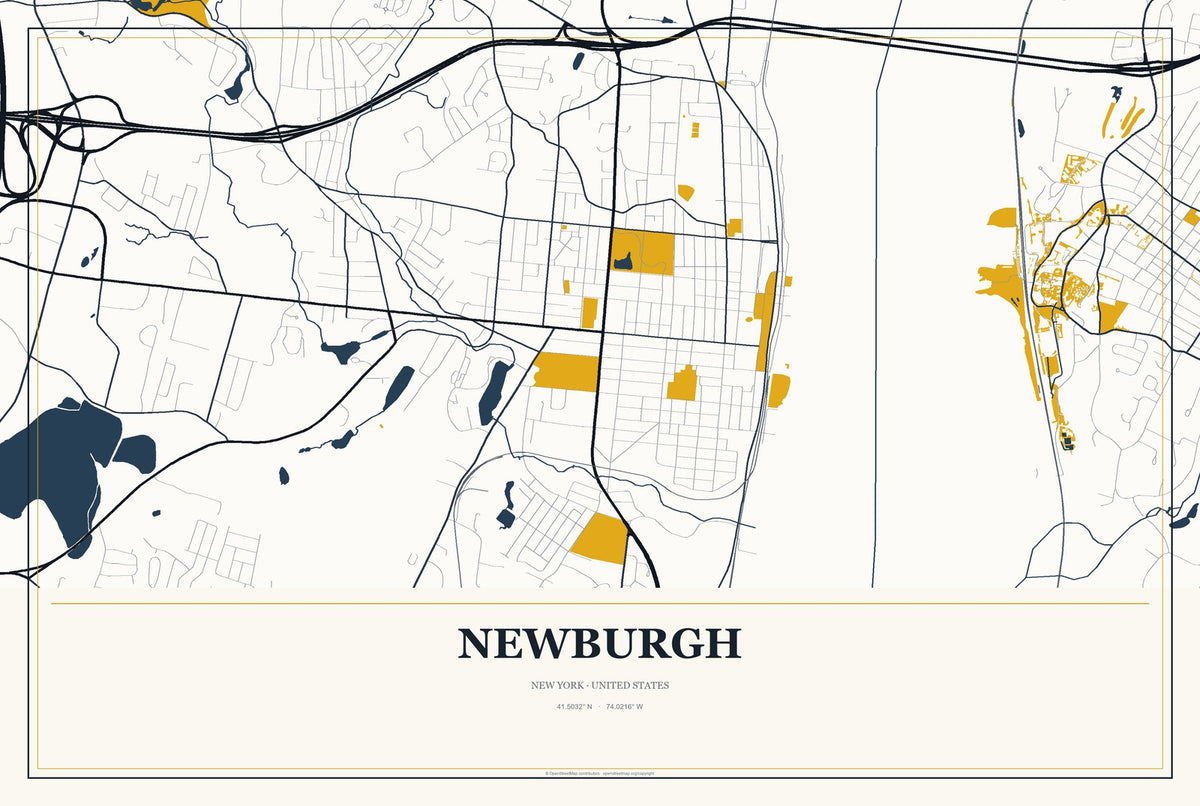 Newburgh, New York City Map Aluminum Sign in Citrine Modern style