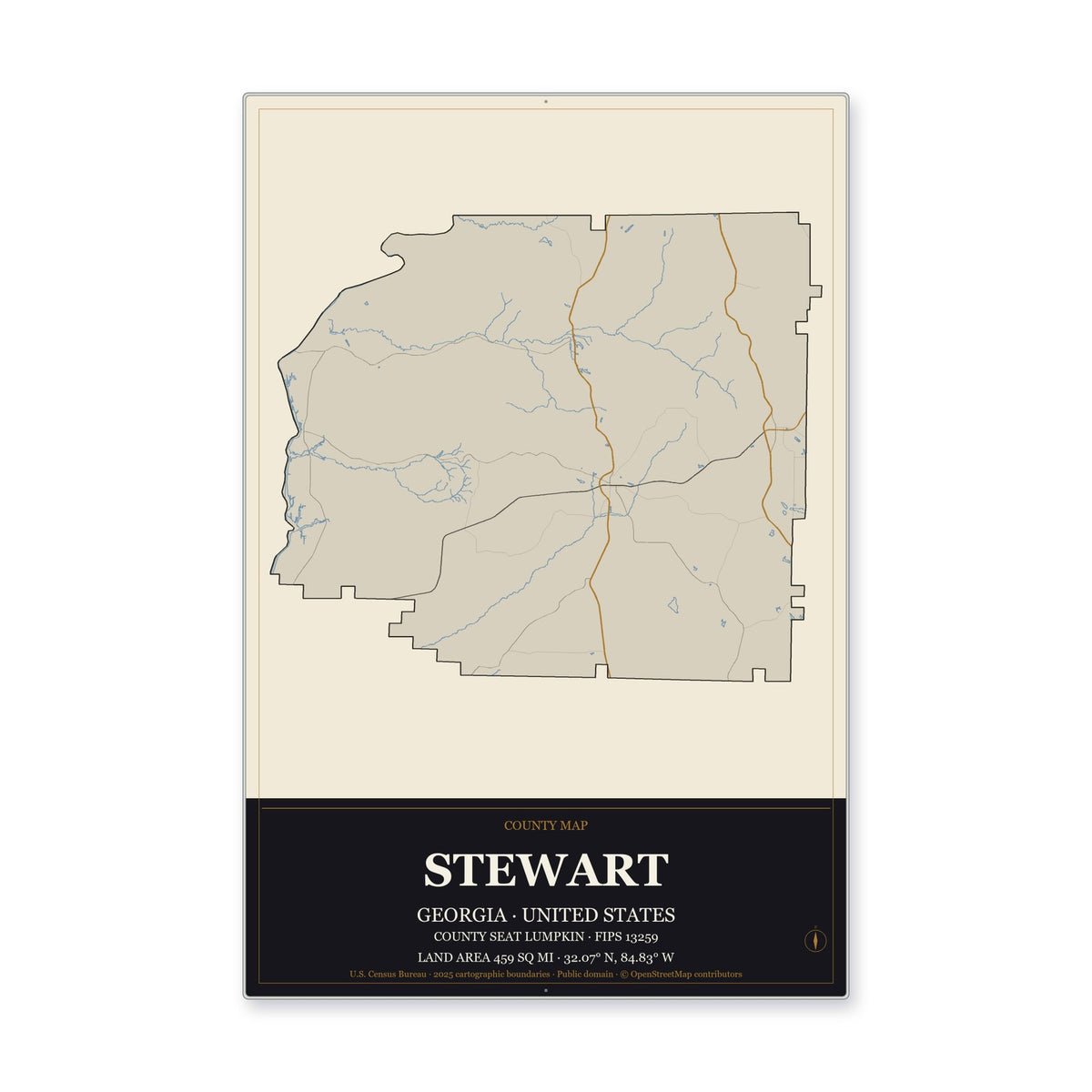 Stewart County, Georgia Map Aluminum Sign in Museum Plaque style