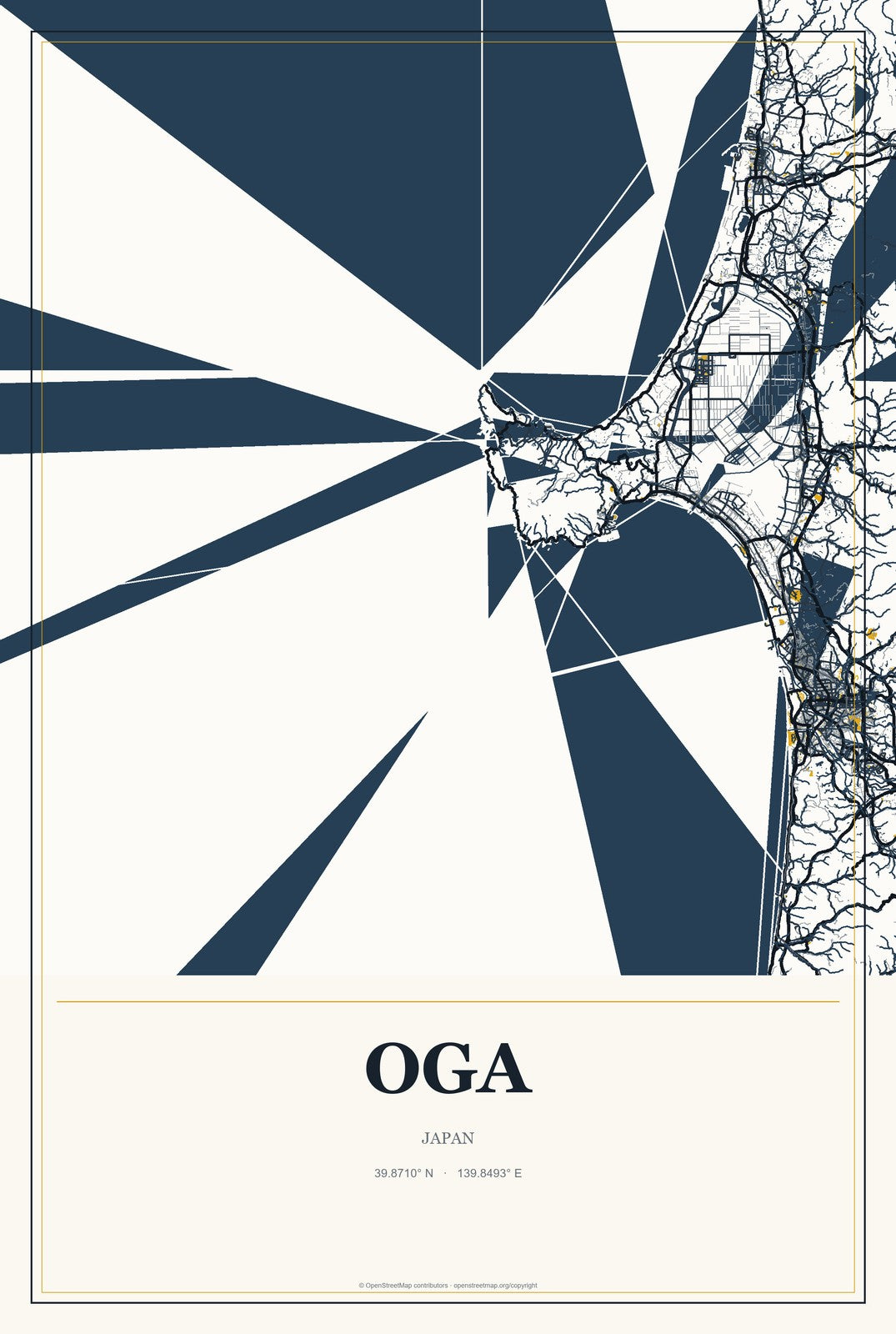 Oga, Japan City Map Aluminum Sign in Citrine Modern style