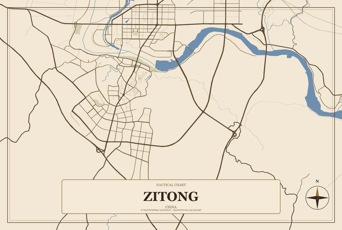 Zitong, China City Map Aluminum Sign in Heritage Nautical style