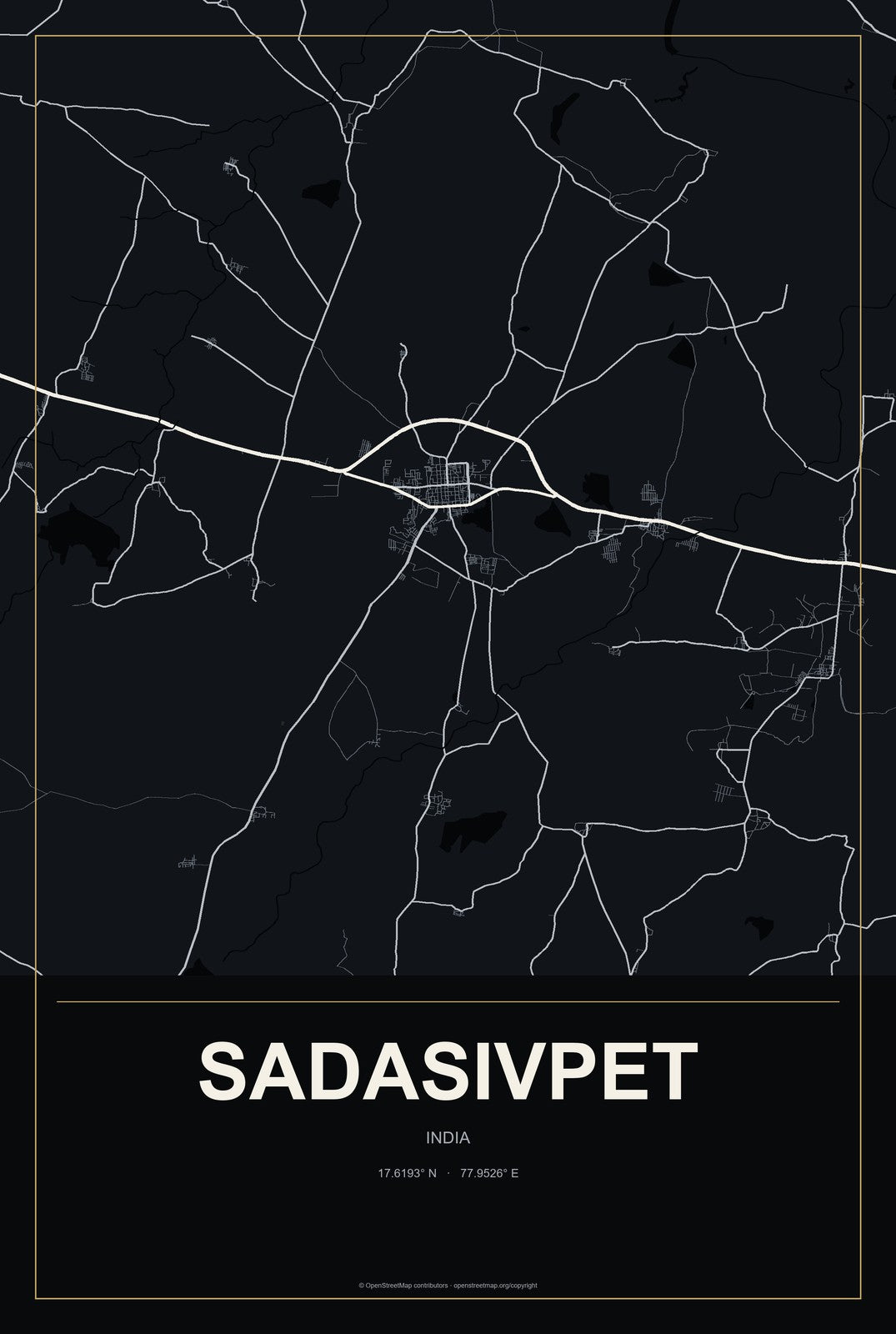 Sadasivpet, India City Map Aluminum Sign in Metropolitan Noir style