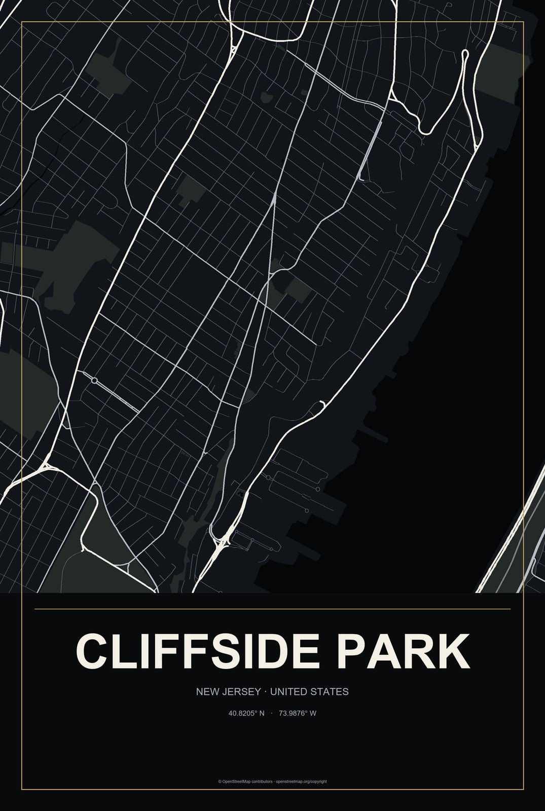 Cliffside Park, New Jersey City Map Aluminum Sign in Metropolitan Noir style