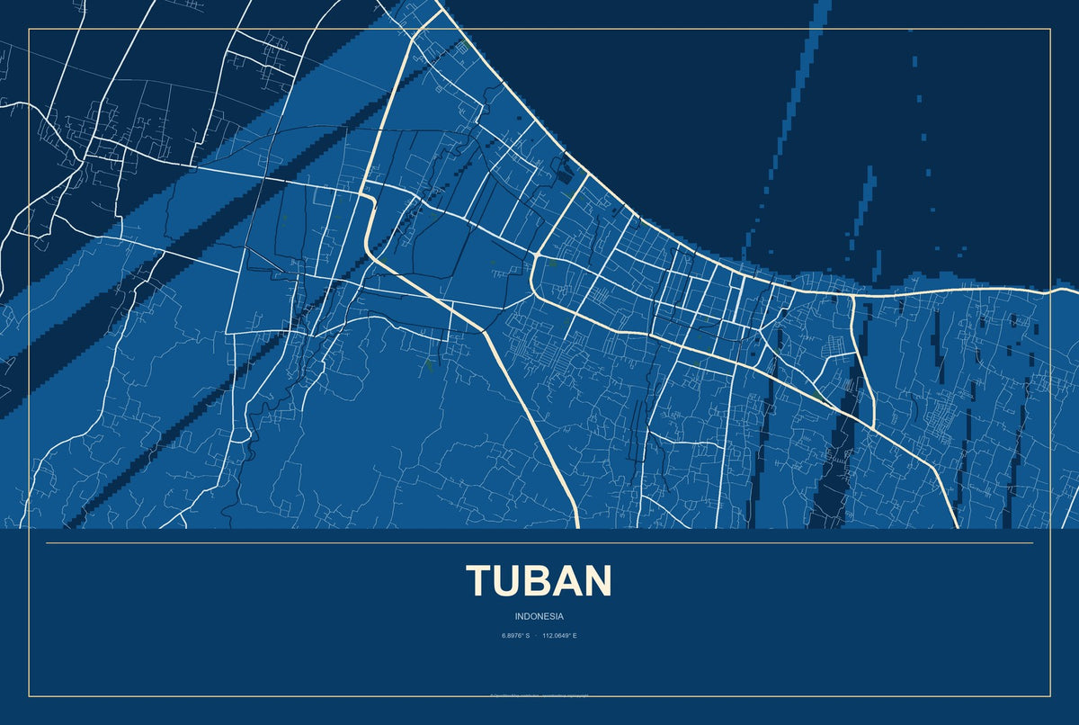 Tuban, Bali, Indonesia City Map Aluminum Sign in Harbor Cobalt style