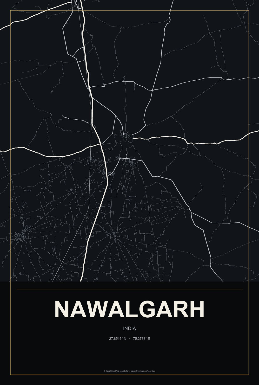 Nawalgarh, India City Map Aluminum Sign in Metropolitan Noir style