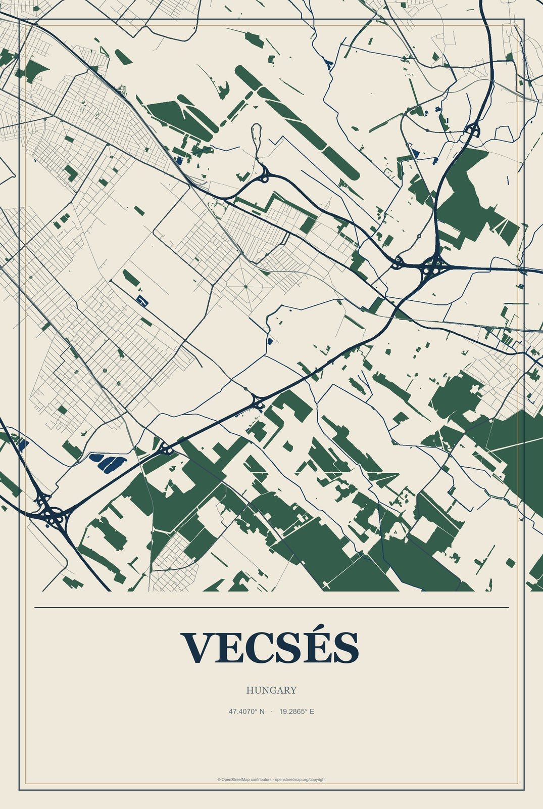 Vecsés, Hungary City Map Aluminum Sign in Coastal Cutout style