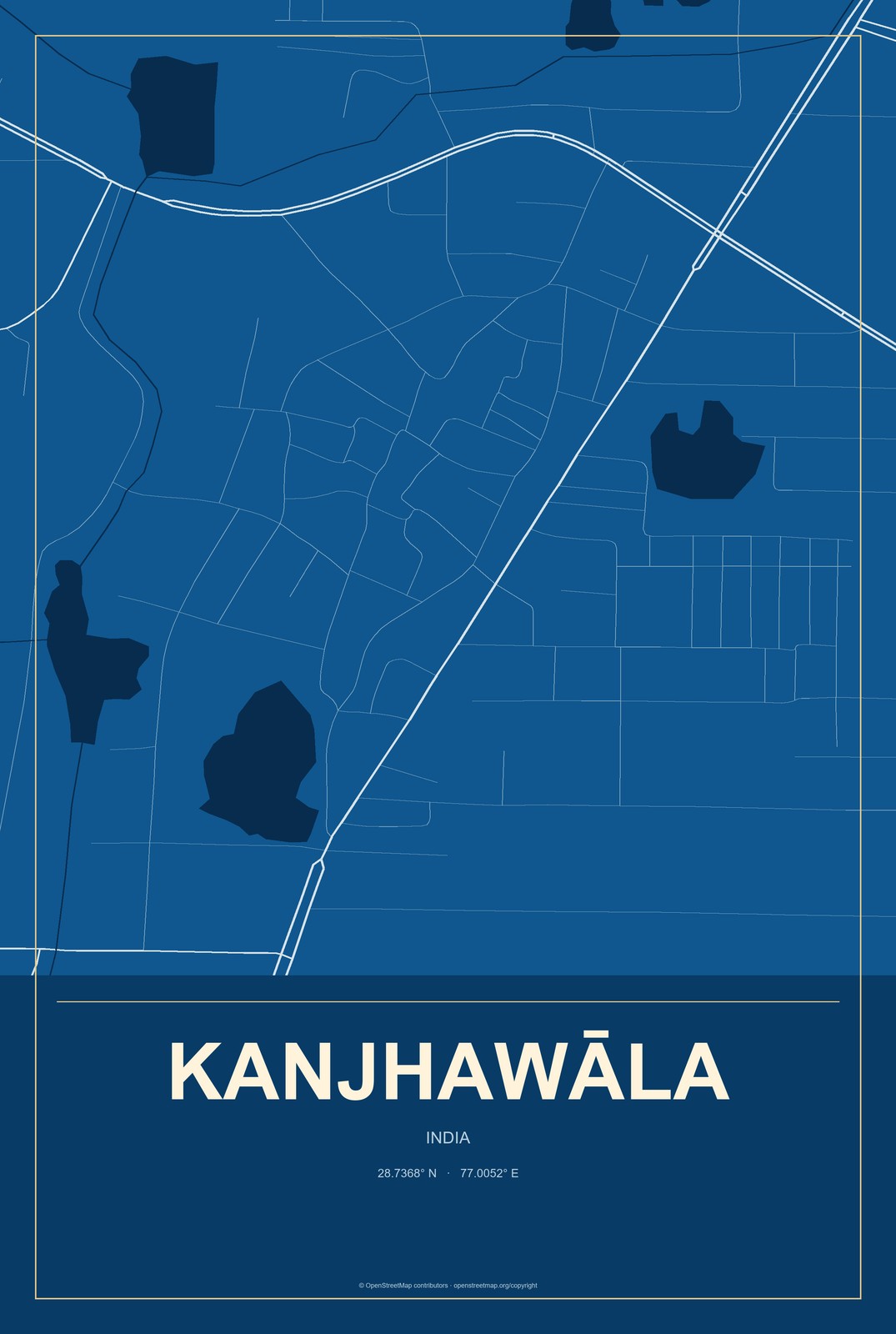 Kanjhawāla, India City Map Aluminum Sign in Harbor Cobalt style