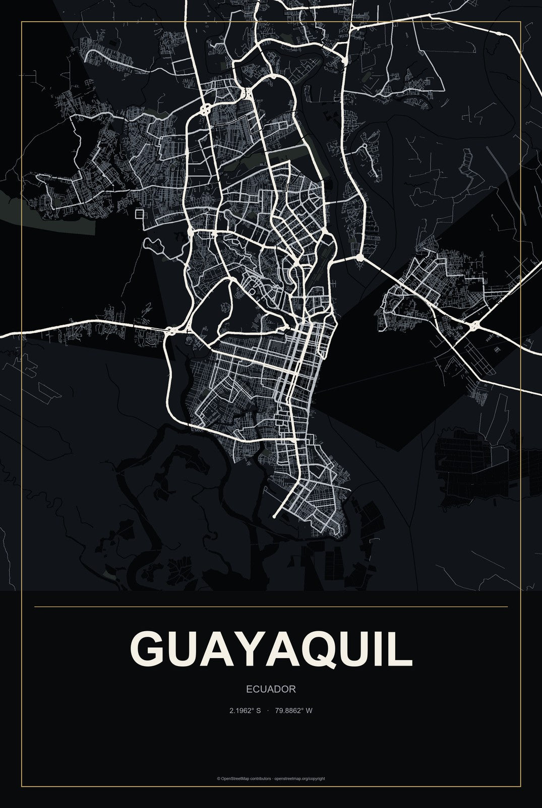 Guayaquil, Ecuador City Map Aluminum Sign in Metropolitan Noir style