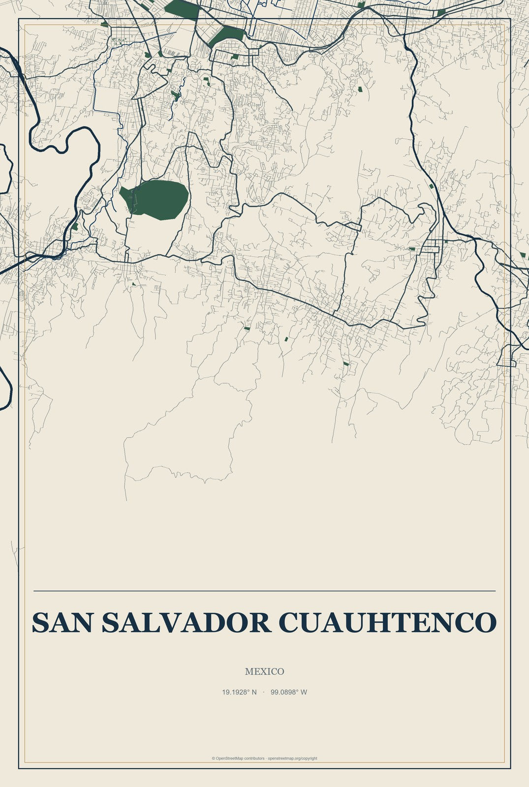 San Salvador Cuauhtenco, Mexico City Map Aluminum Sign in Coastal Cutout style