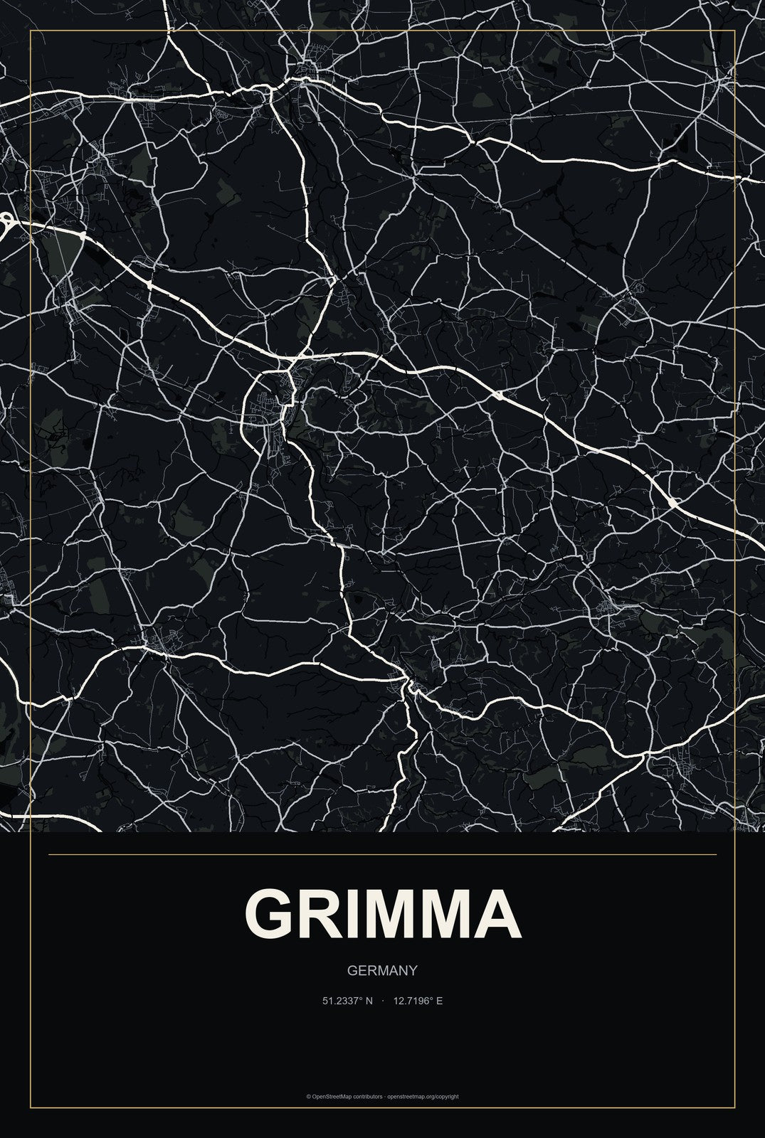 Grimma, Germany City Map Aluminum Sign in Metropolitan Noir style