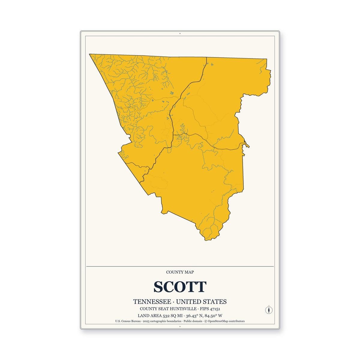 Scott County, Tennessee Map Aluminum Sign in Citrine Modern style