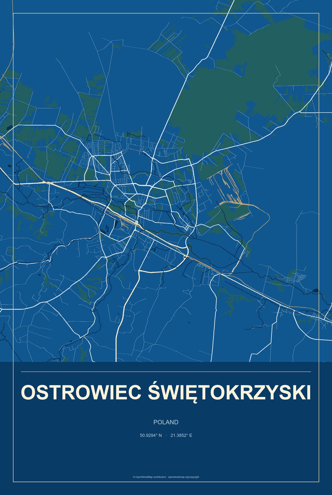 Ostrowiec Świętokrzyski, Poland City Map Aluminum Sign in Harbor Cobalt style