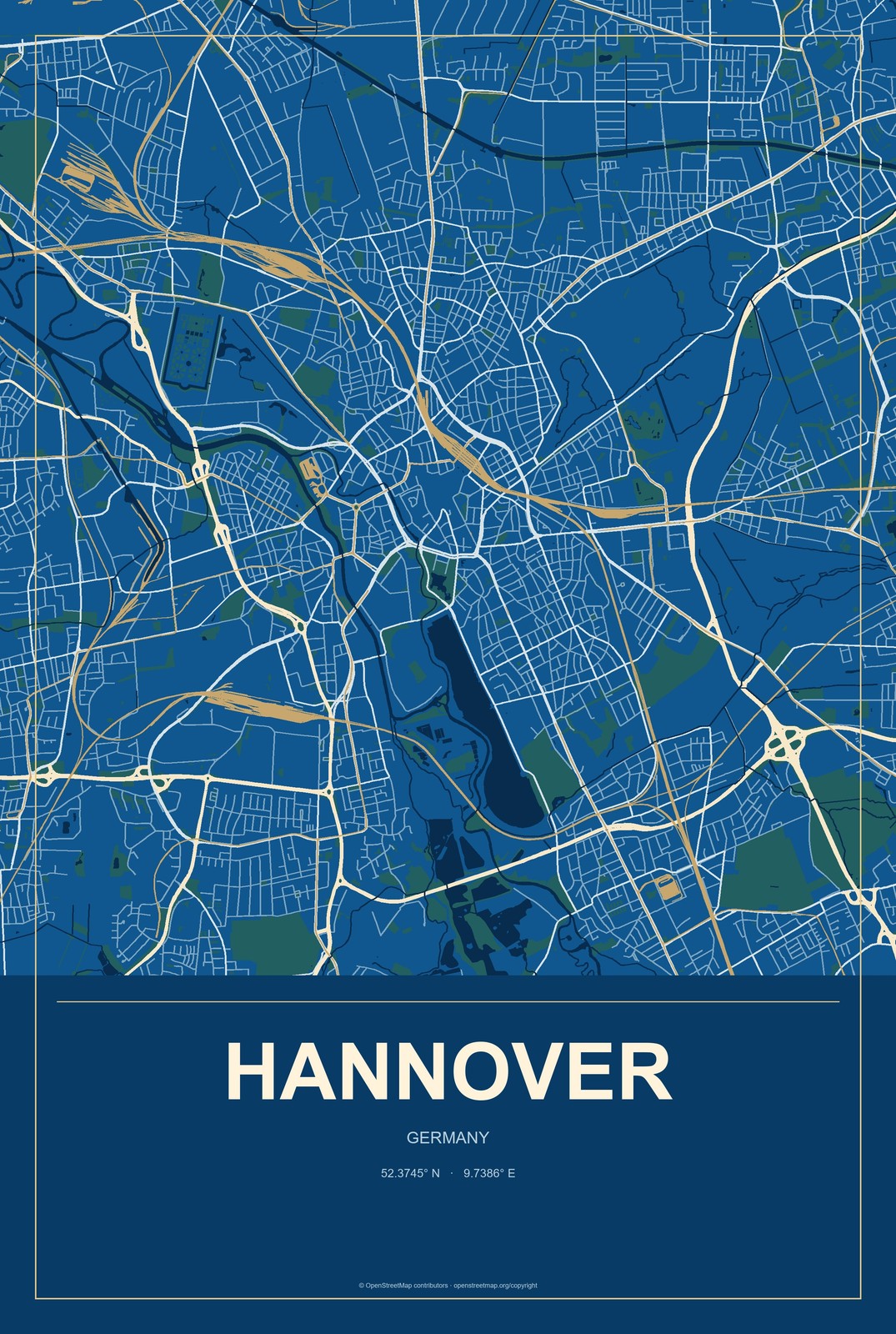 Hannover, Germany City Map Aluminum Sign in Harbor Cobalt style