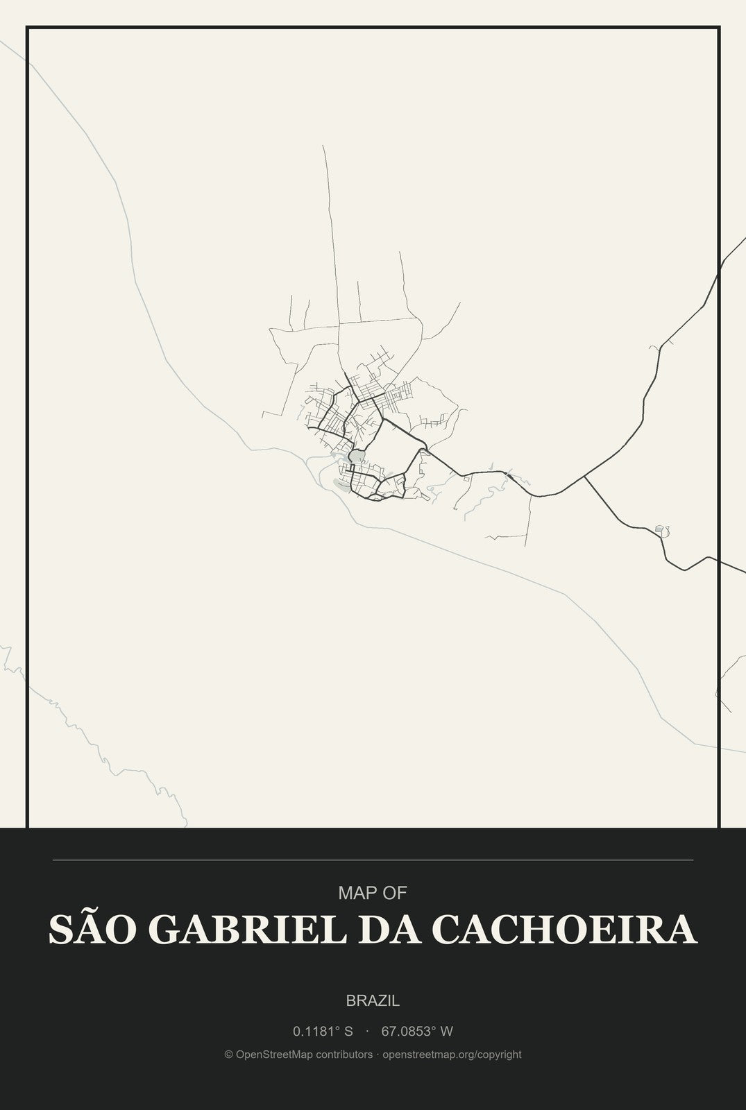São Gabriel da Cachoeira, Brazil City Map Aluminum Sign in Museum Plaque style