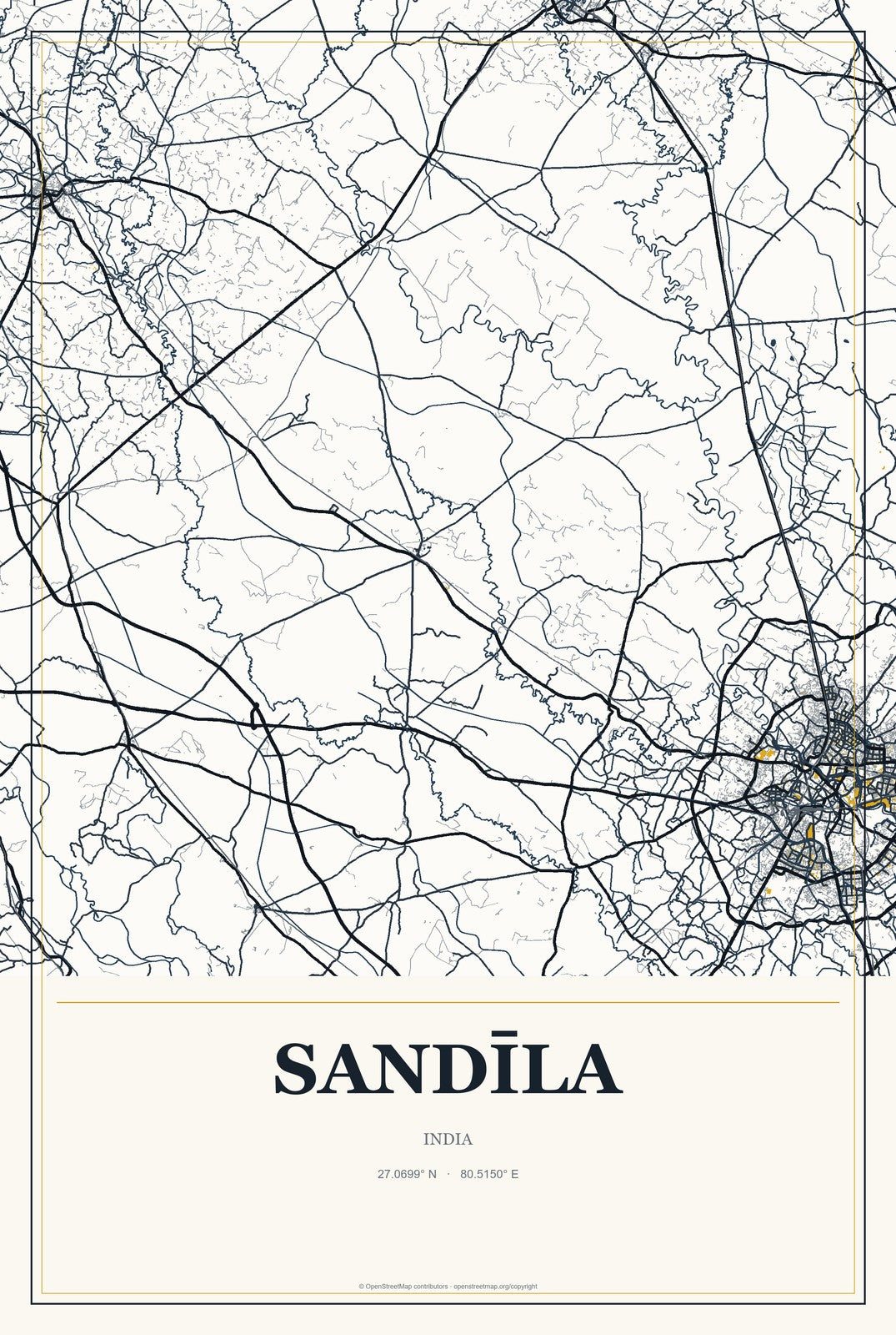 Sandīla, India City Map Aluminum Sign in Citrine Modern style