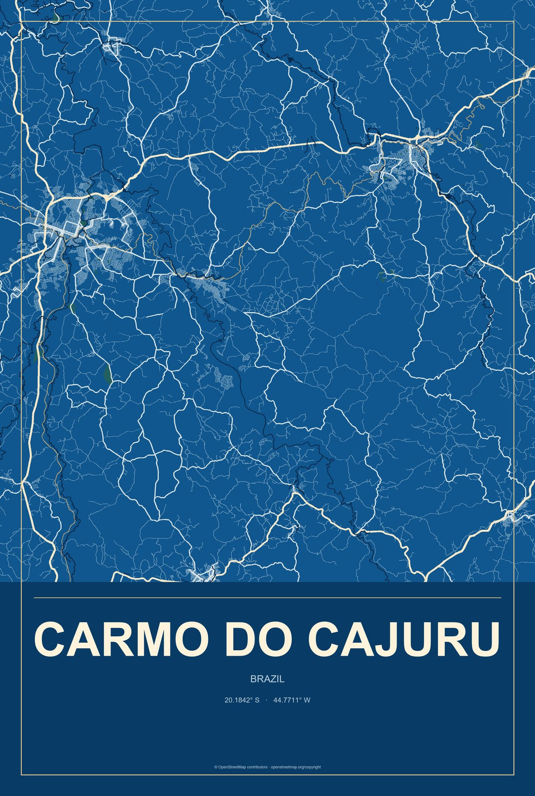 Carmo do Cajuru, Brazil City Map Aluminum Sign in Harbor Cobalt style