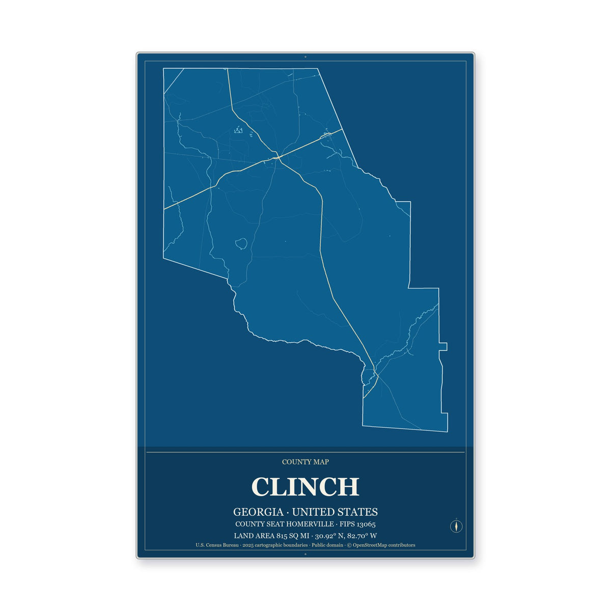 Clinch County, Georgia Map Aluminum Sign in Harbor Cobalt style