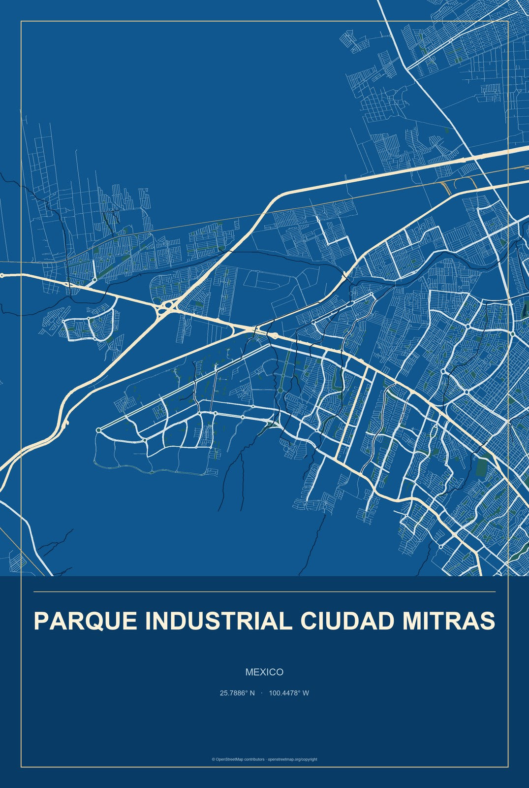 Parque Industrial Ciudad Mitras, Mexico City Map Aluminum Sign in Harbor Cobalt style