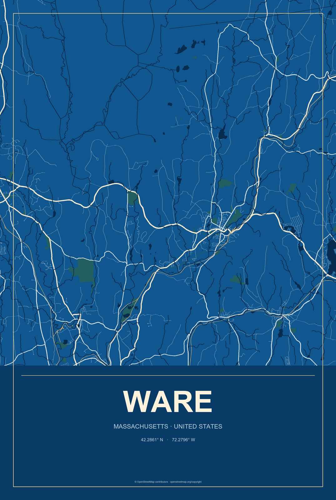 Ware, Massachusetts City Map Aluminum Sign in Harbor Cobalt style