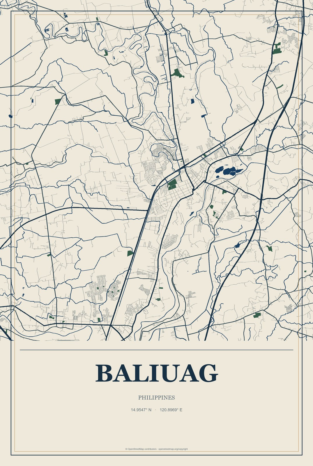 Baliuag, Philippines City Map Aluminum Sign in Coastal Cutout style