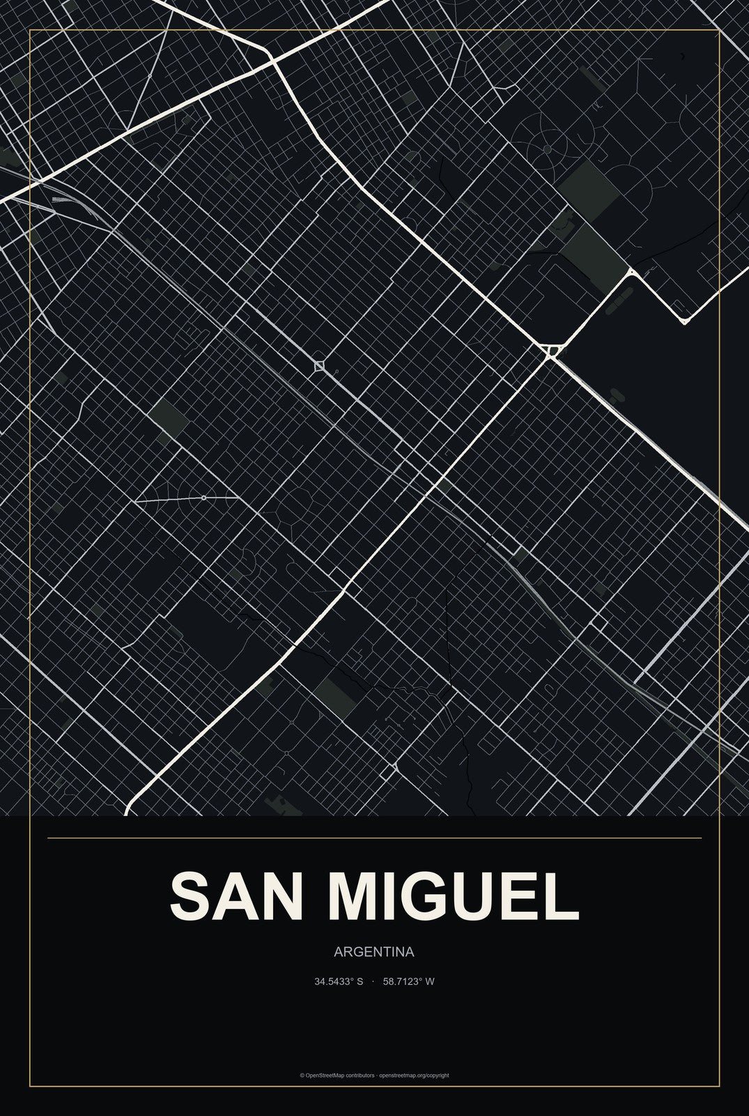 San Miguel, Argentina City Map Aluminum Sign in Metropolitan Noir style