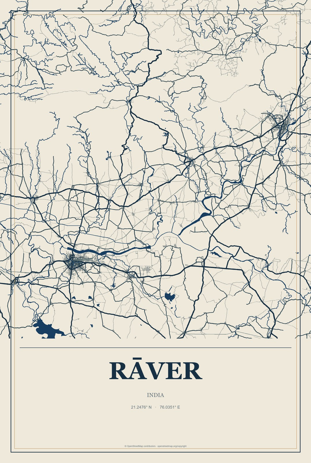 Rāver, India City Map Aluminum Sign in Coastal Cutout style