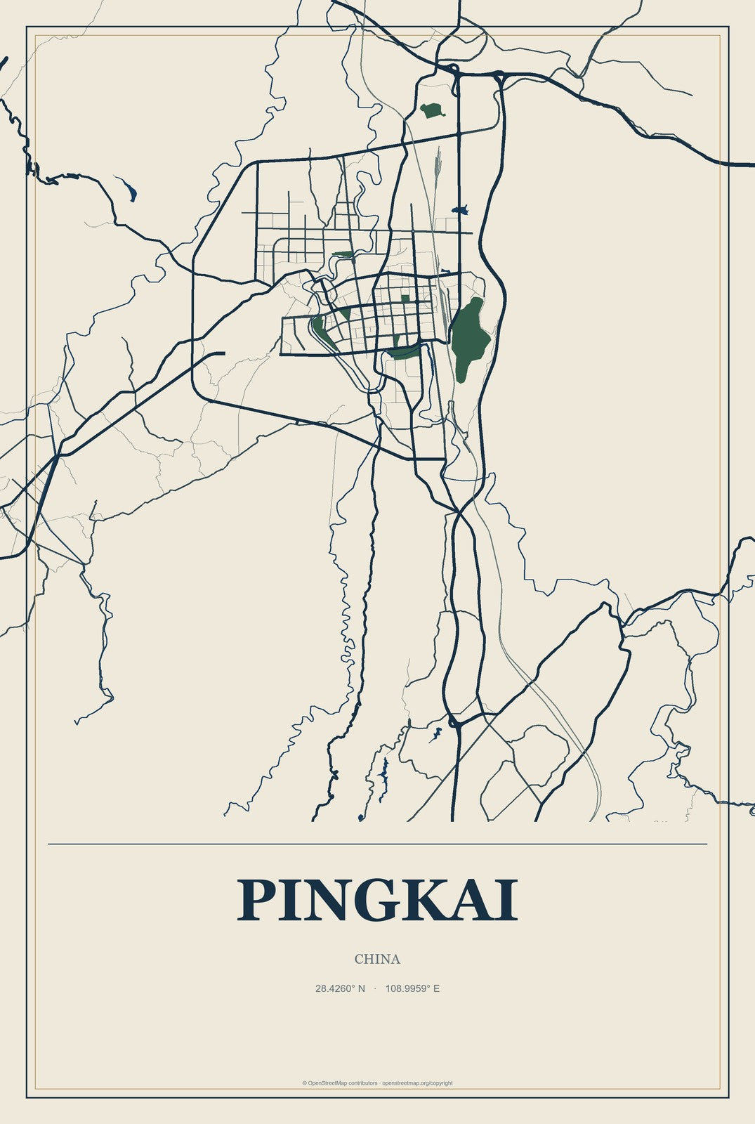 Pingkai, China City Map Aluminum Sign in Coastal Cutout style