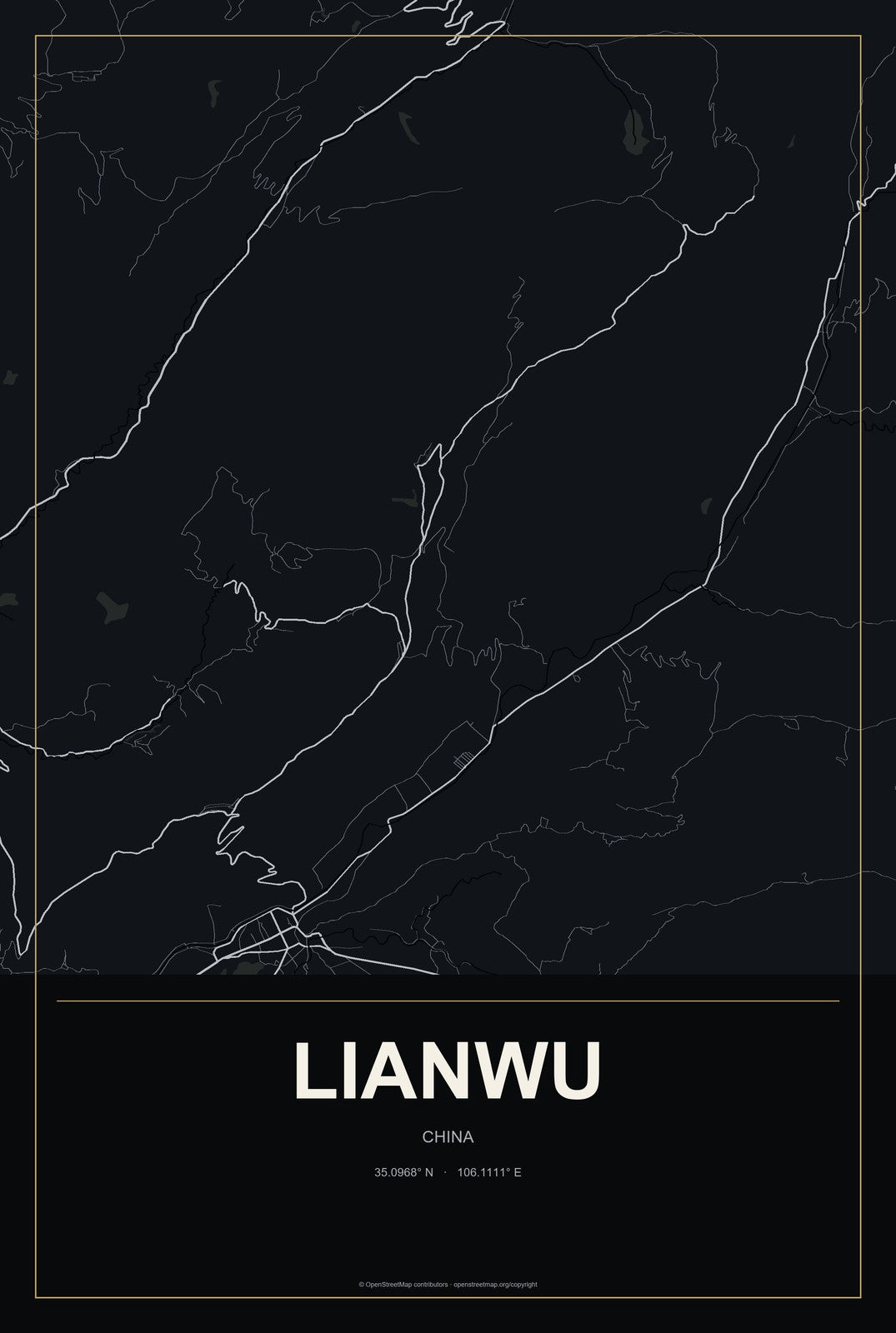Lianwu, China City Map Aluminum Sign in Metropolitan Noir style