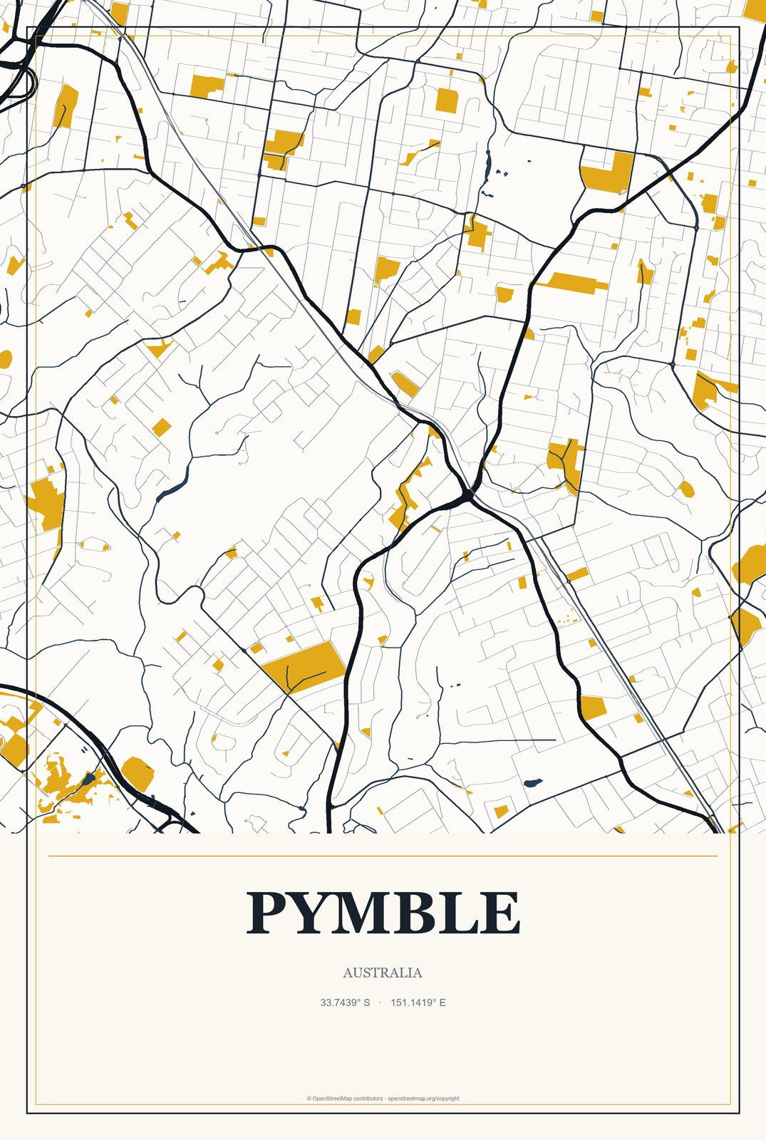 Pymble, Australia City Map Aluminum Sign in Citrine Modern style