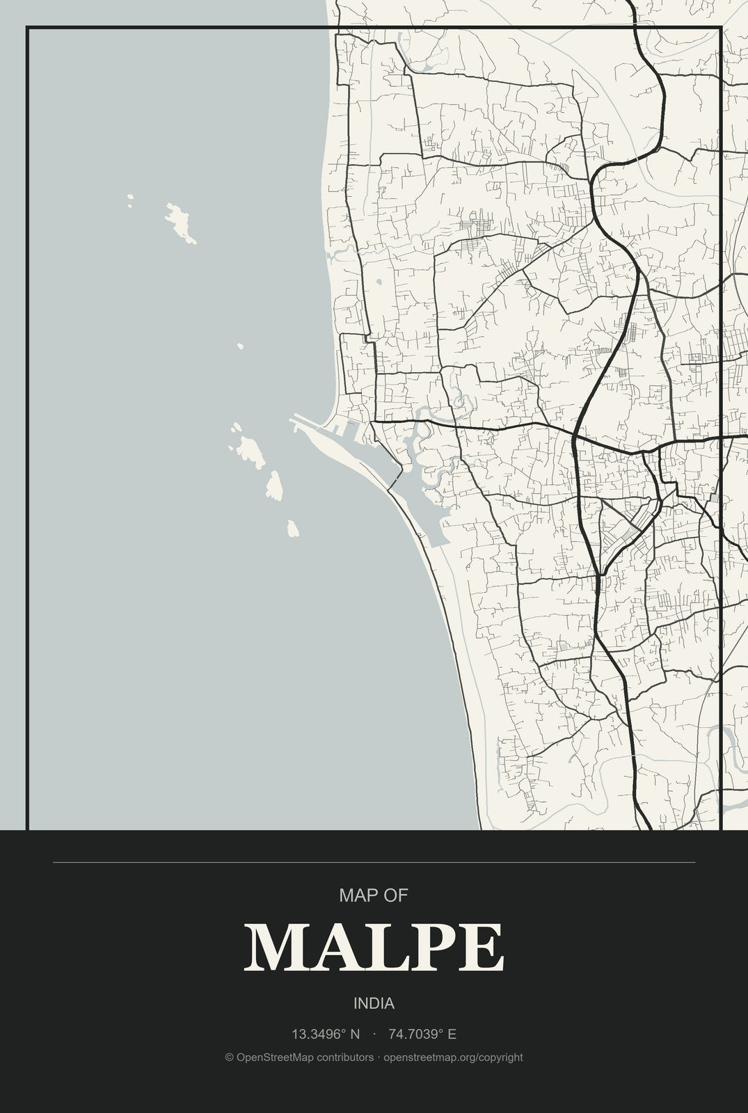Malpe, India City Map Aluminum Sign in Museum Plaque style