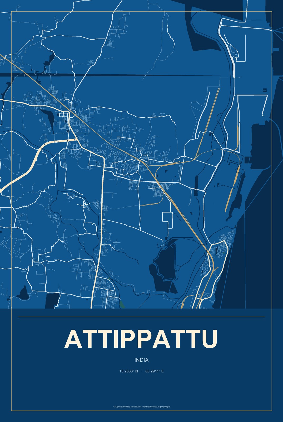Attippattu, India City Map Aluminum Sign in Harbor Cobalt style