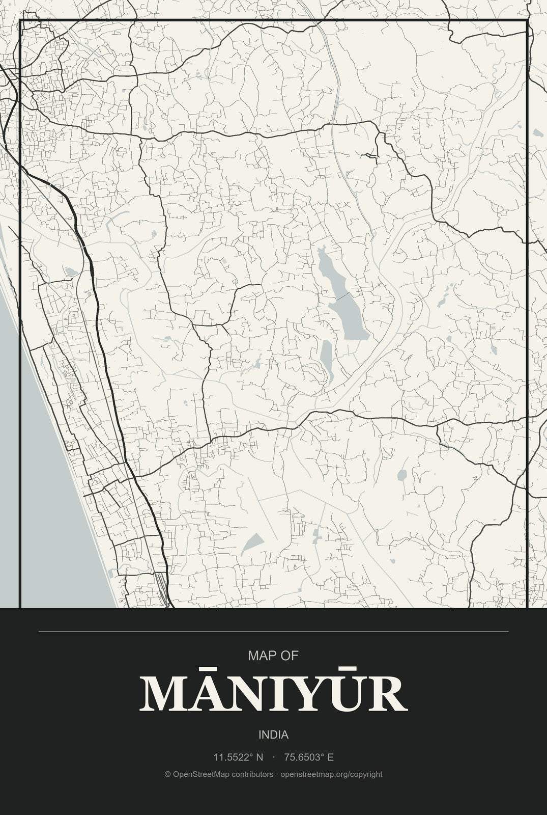 Māniyūr, India City Map Aluminum Sign in Museum Plaque style