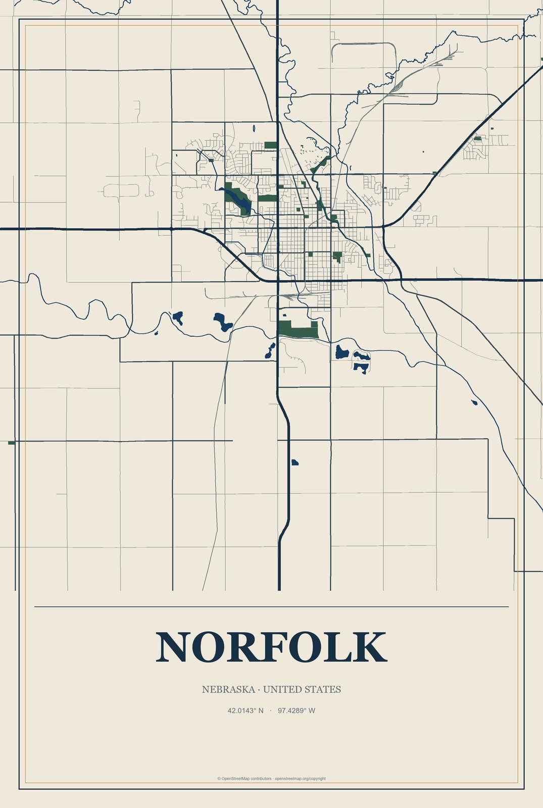 Norfolk, Nebraska City Map Aluminum Sign in Coastal Cutout style