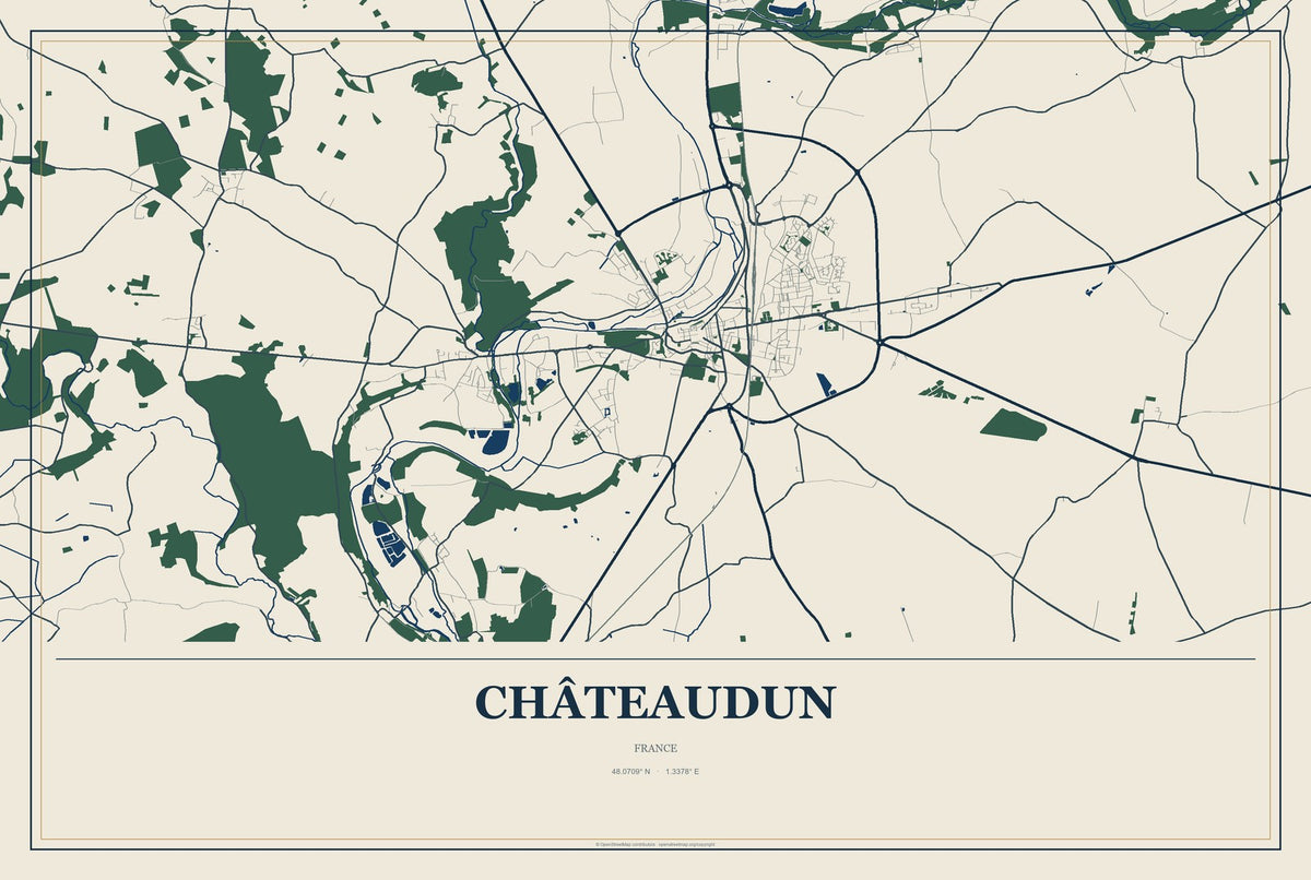 Châteaudun, France City Map Aluminum Sign in Coastal Cutout style