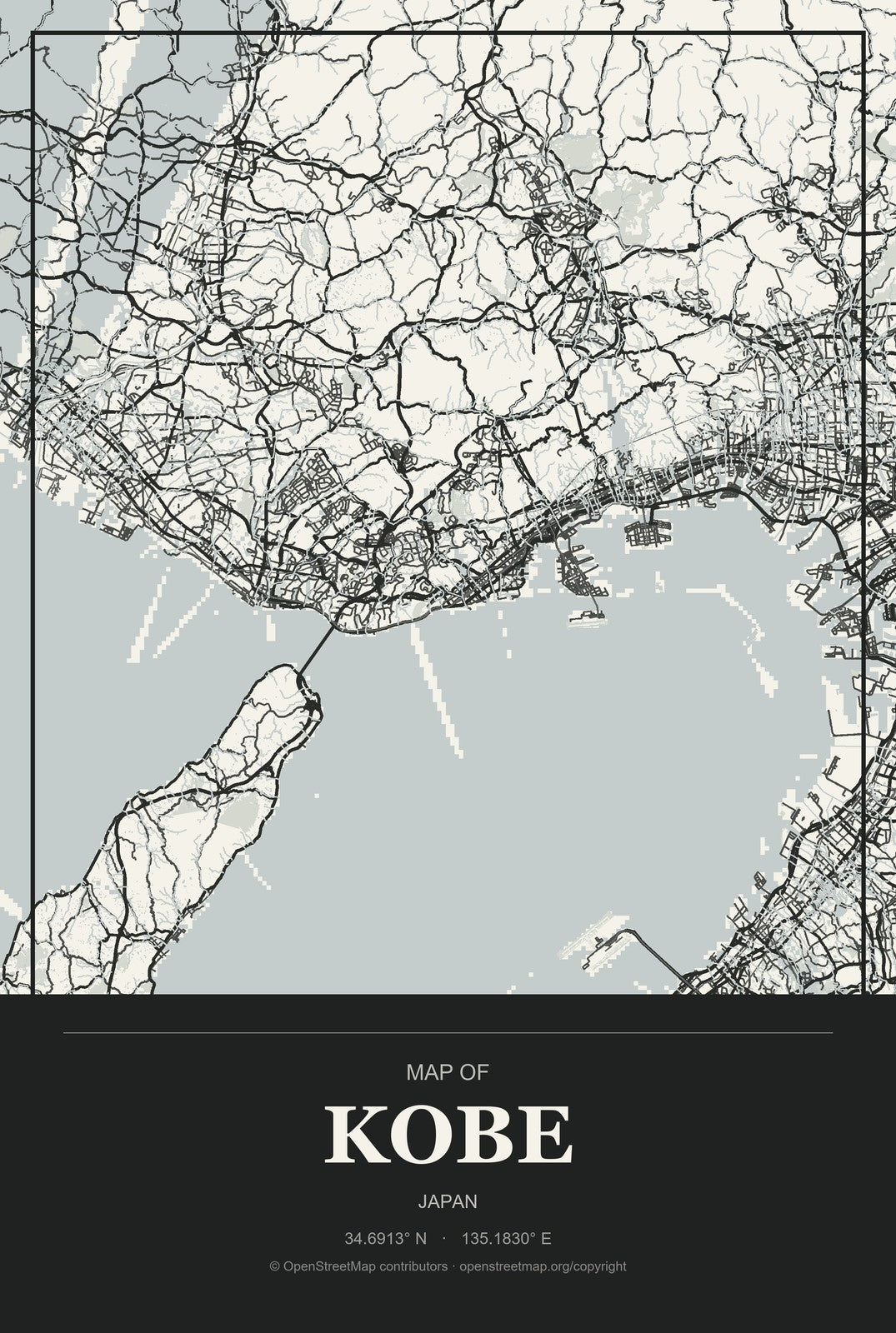 Kobe, Japan City Map Aluminum Sign in Museum Plaque style