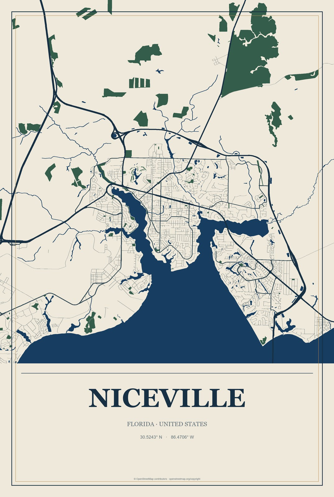 Niceville, Florida City Map Aluminum Sign in Coastal Cutout style