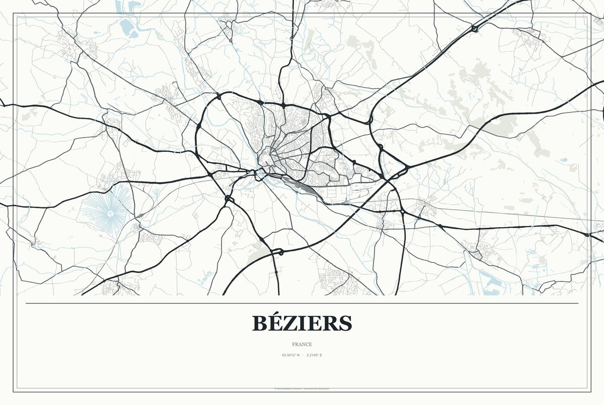 Béziers, France City Map Aluminum Sign in Gallery Air style