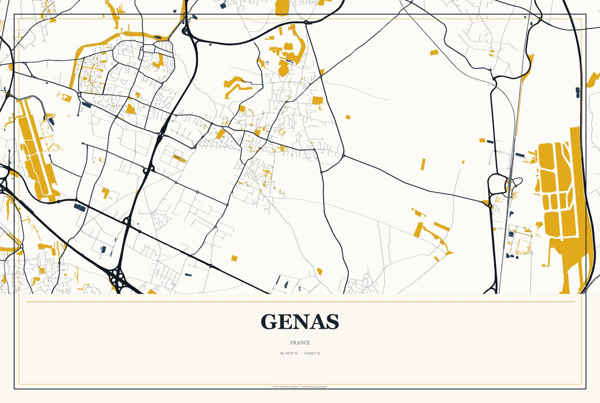 Genas, France City Map Aluminum Sign in Citrine Modern style