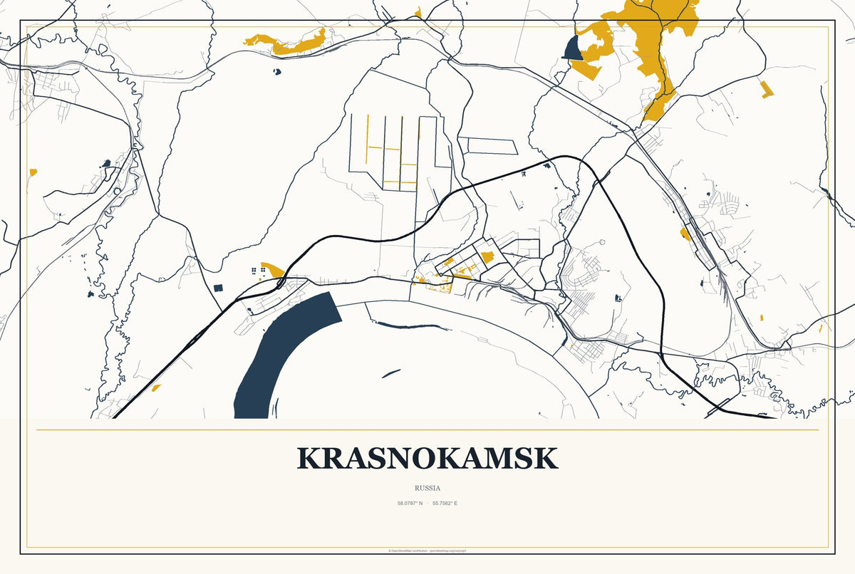 Krasnokamsk, Russia City Map Aluminum Sign in Citrine Modern style