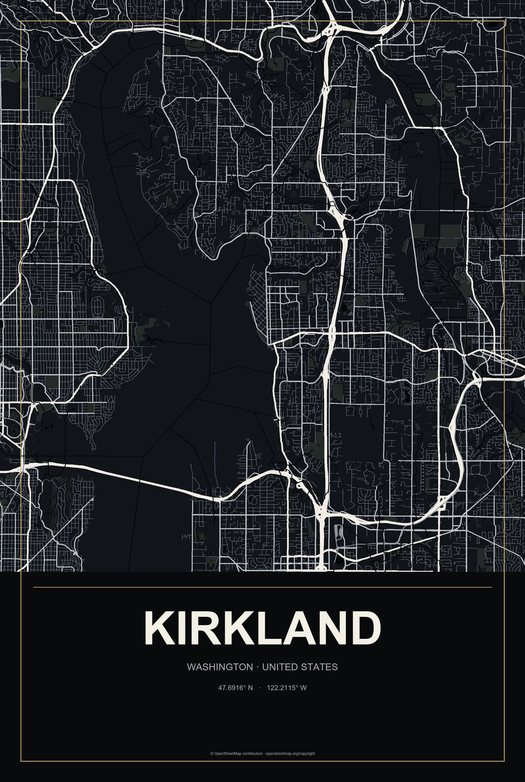 Kirkland, Washington City Map Aluminum Sign in Metropolitan Noir style